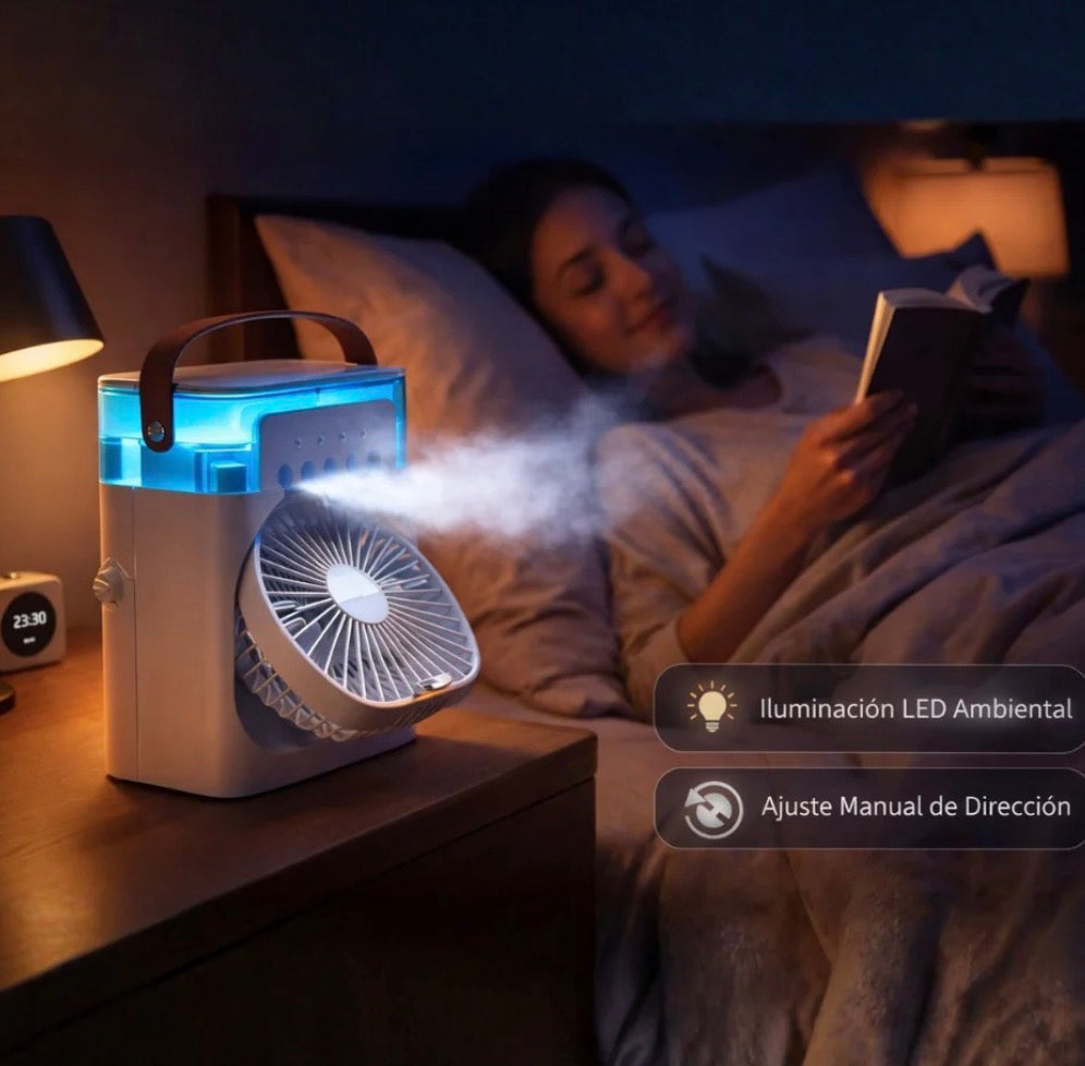 Mini Aire Acondicionado Portátil USB con Humidificador y Luz LED – Ventilador Refrigerante Multifunción