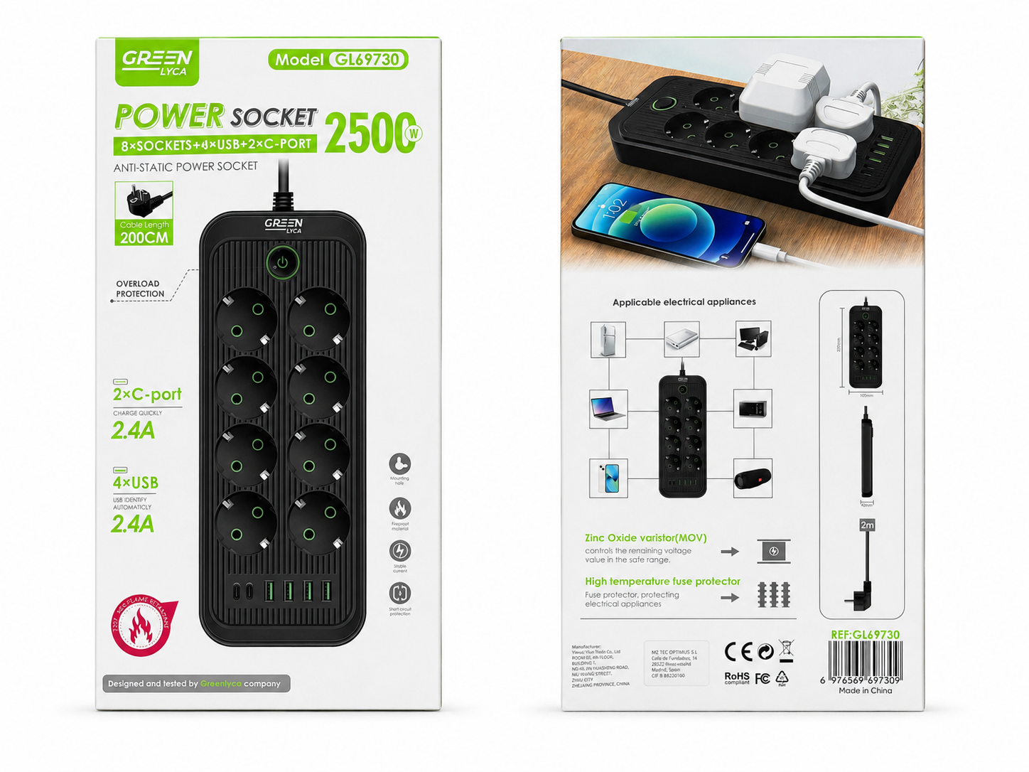 Power Socket GL69730 – Regleta Enchufe Inteligente 2500W con 8 Tomas, USB y USB-C