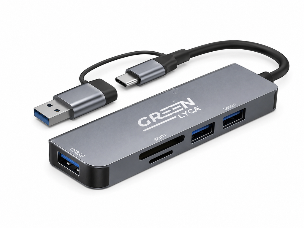 Hub USB-C 5 en 1 Green Lyca GL70023 – USB 3.0 + Lector SD/TF + Adaptador HDTV Dual 4K