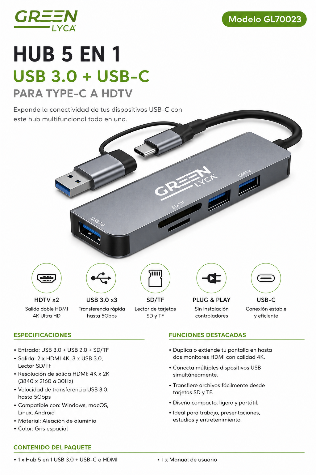 Hub USB-C 5 en 1 Green Lyca GL70023 – USB 3.0 + Lector SD/TF + Adaptador HDTV Dual 4K