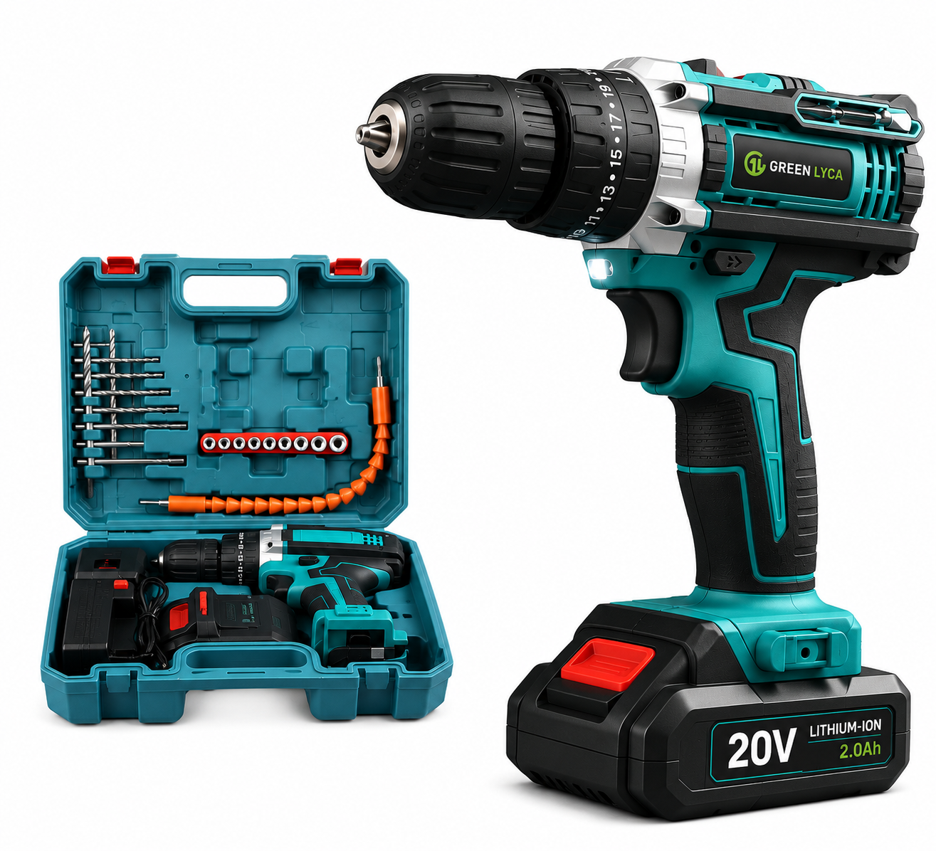Taladro Percutor a Bateria 21V, Taladro Atornillador Bateria con 2 Baterías 2000mAh, 42Nm, 25+3 Ajuste de Par Destornillador Electrico, 30 Accesorios, 2 Velocidad, LED Luz Para Hogar, Bricolaje