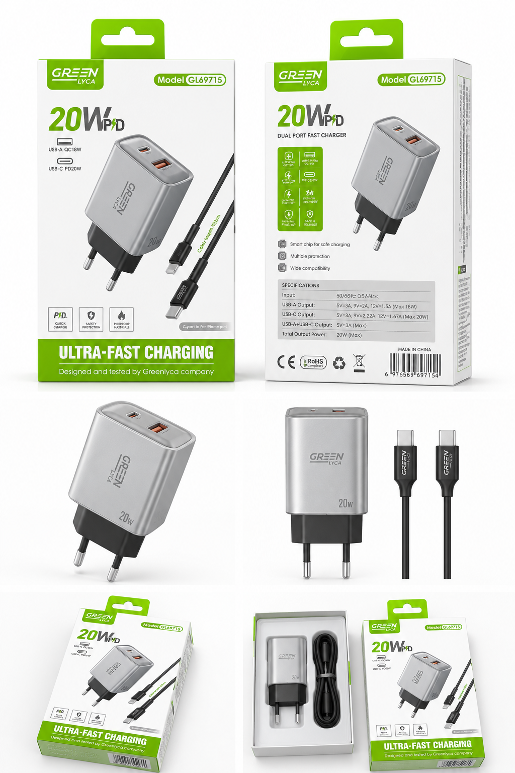 Cargador Rápido 20W PD USB-C GREEN LYCA – Carga Ultra Rápida con Cable Tipo-C a Lightning Incluido