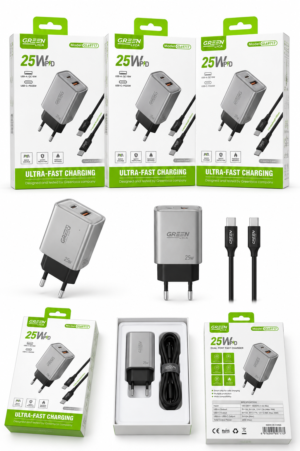 Cargador Rápido 25W PD USB-C GREEN LYCA – Ultra Fast Charging con Cable Incluido