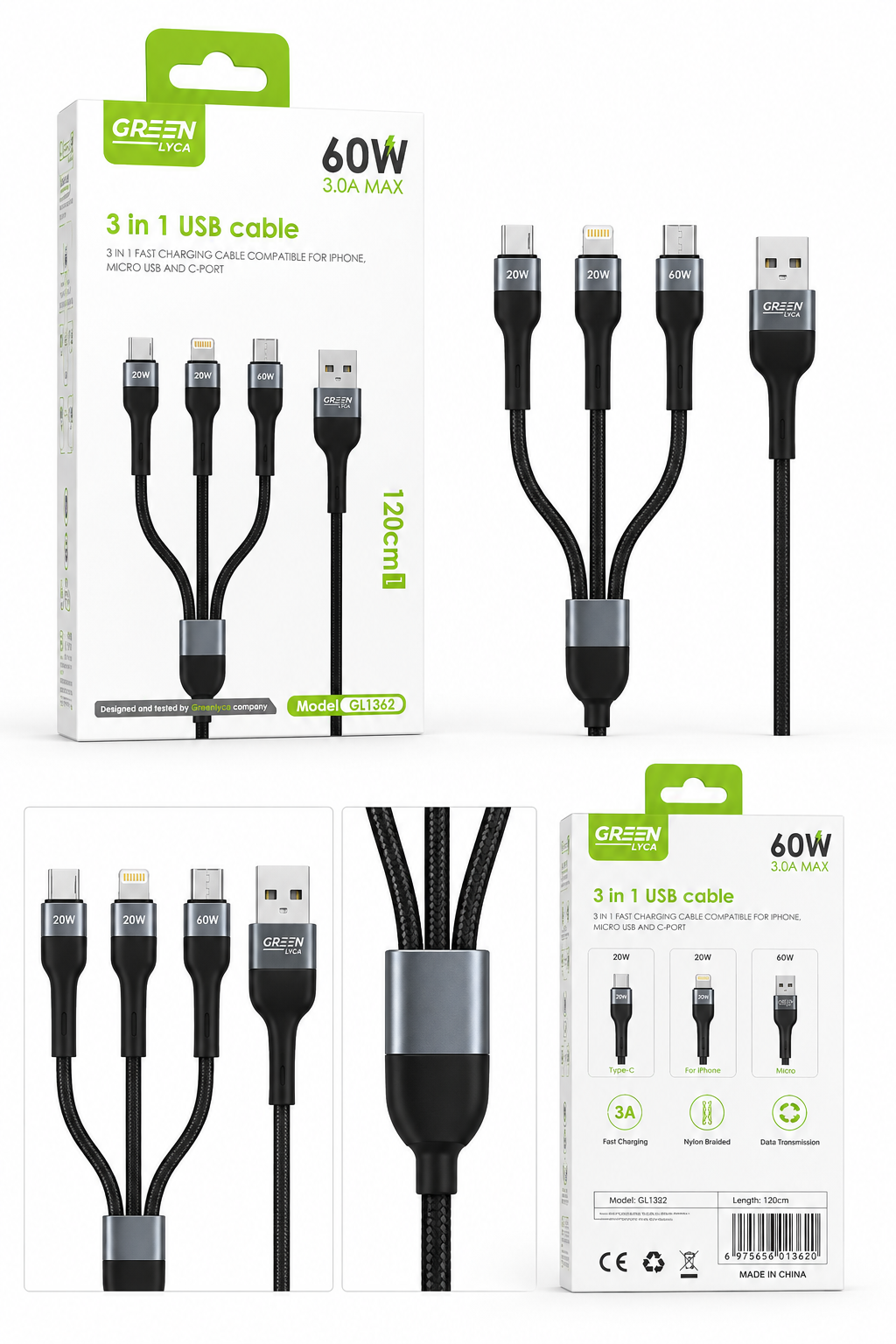 Cable de Carga Rápida 3 en 1 GREEN LYCA 60W – USB a Type-C, Lightning y Micro USB | 120 cm