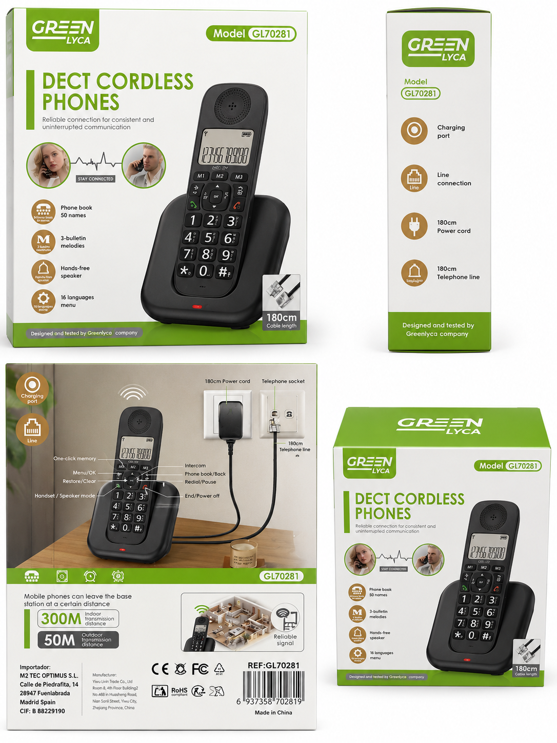 Teléfono Fijo Inalámbrico DECT GREEN LYCA GL70281 – Pantalla LCD y Gran Alcance