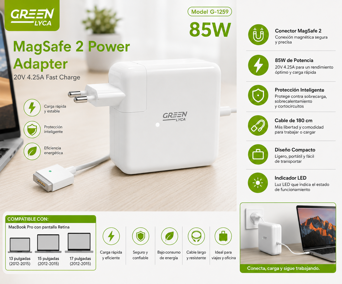 Cargador MacBook MagSafe 2 85W GREEN LYCA – Adaptador de Corriente para MacBook Pro Retina